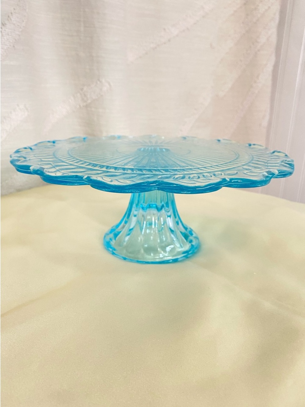 Vintage Blue Glass Cake Stand Etched Design